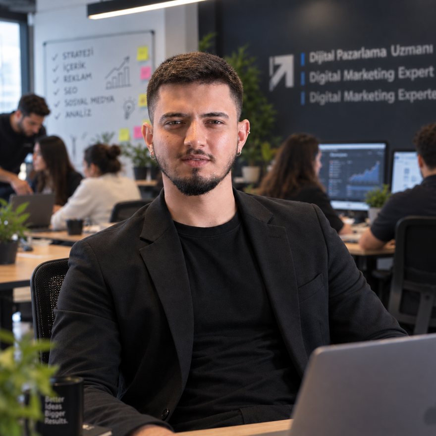 Talha Aslan, digital marketing expert, in the office with his team